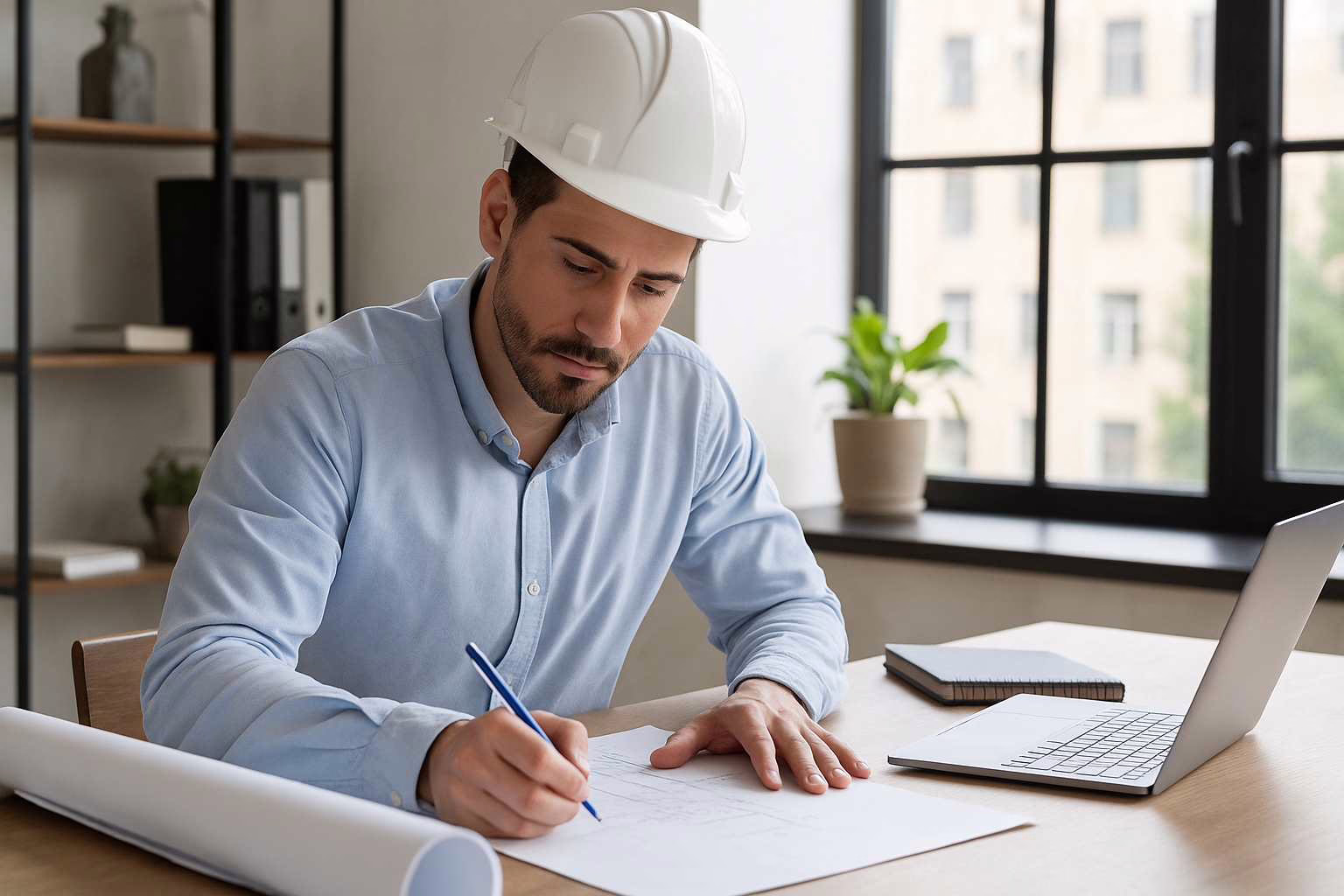 Istruttore tecnico al lavoro su progetto edilizio in ufficio