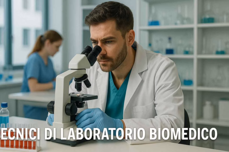 Illustrazione di laboratorio con microscopio e provette colorate in rastrelliera