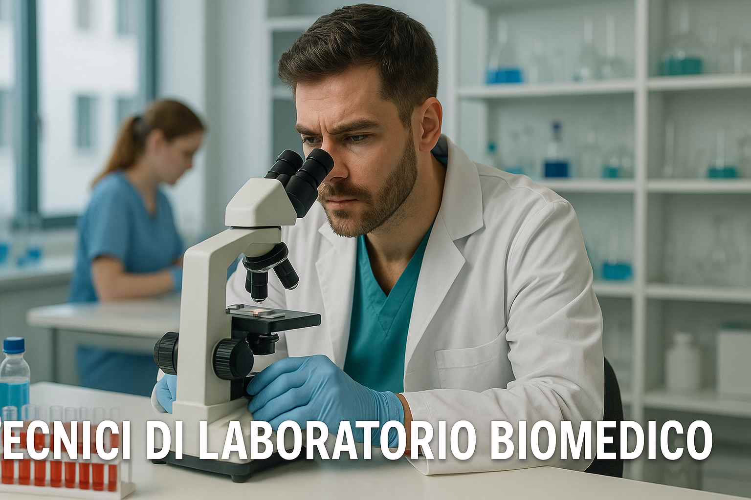 Illustrazione di laboratorio con microscopio e provette colorate in rastrelliera