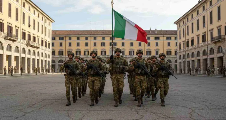 Esercito Italiano in marcia durante addestramento, soldati in uniforme militare camminano in formazione su un campo aperto