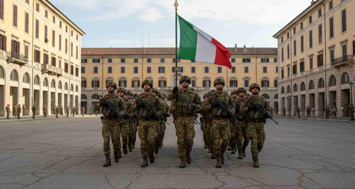 Esercito Italiano in marcia durante addestramento, soldati in uniforme militare camminano in formazione su un campo aperto