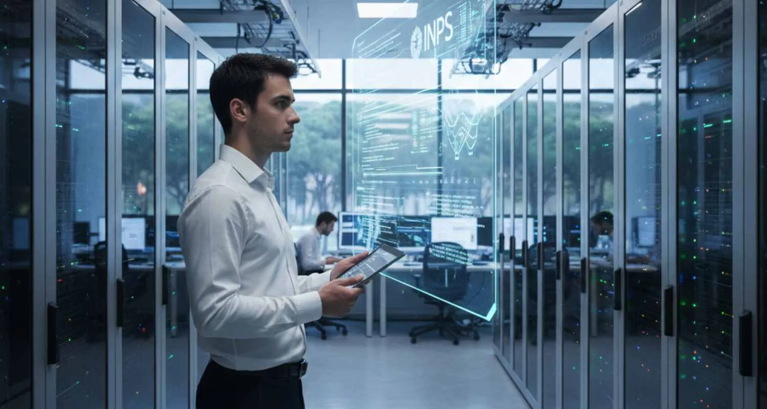 Assistente informatico al lavoro nel data center moderno dell'INPS