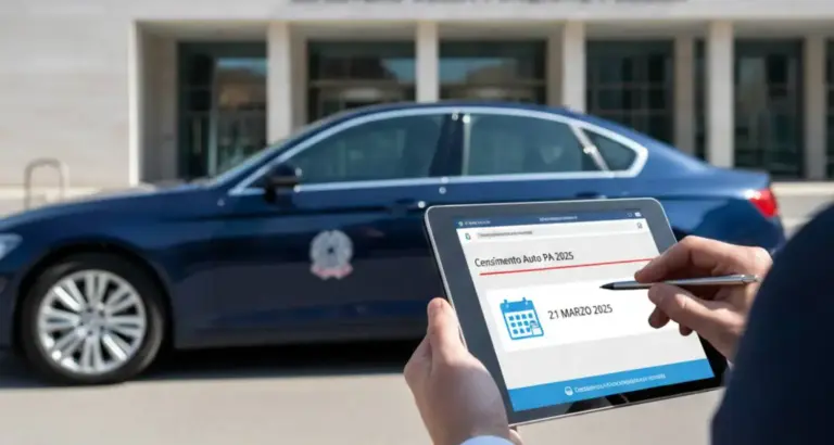 Auto di polizia con tablet che mostra la data di censimento auto 2025, importante per concorsi e adempimenti ufficiali.
