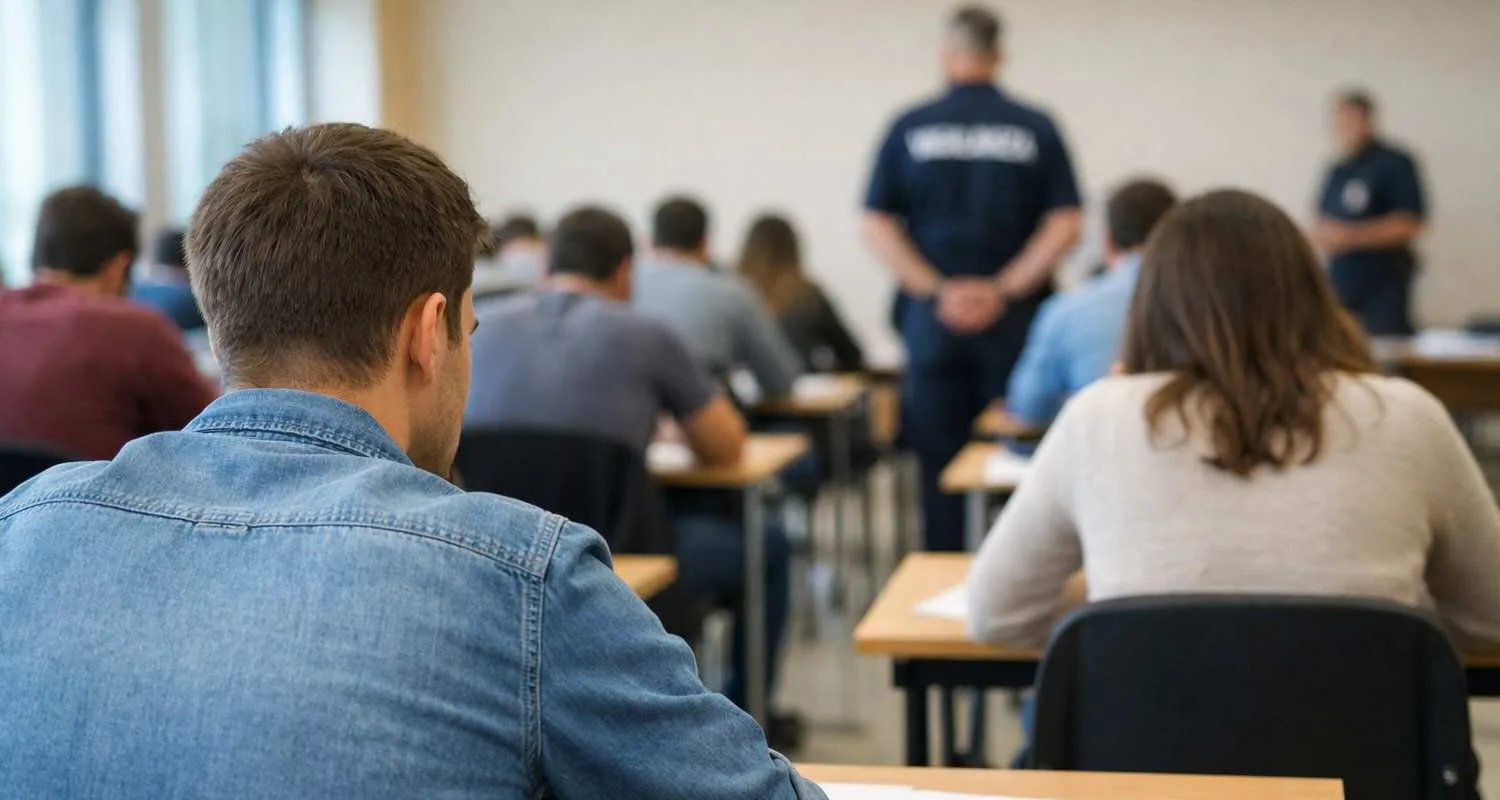 Candidato in aula durante un concorso pubblico in Italia, con documenti e penna