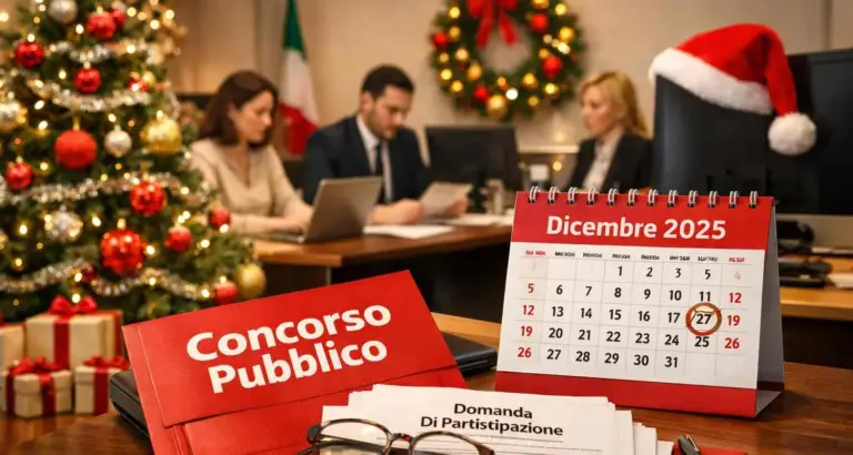 Ufficio con albero di Natale e documenti per concorsi pubblici, dicembre 2025