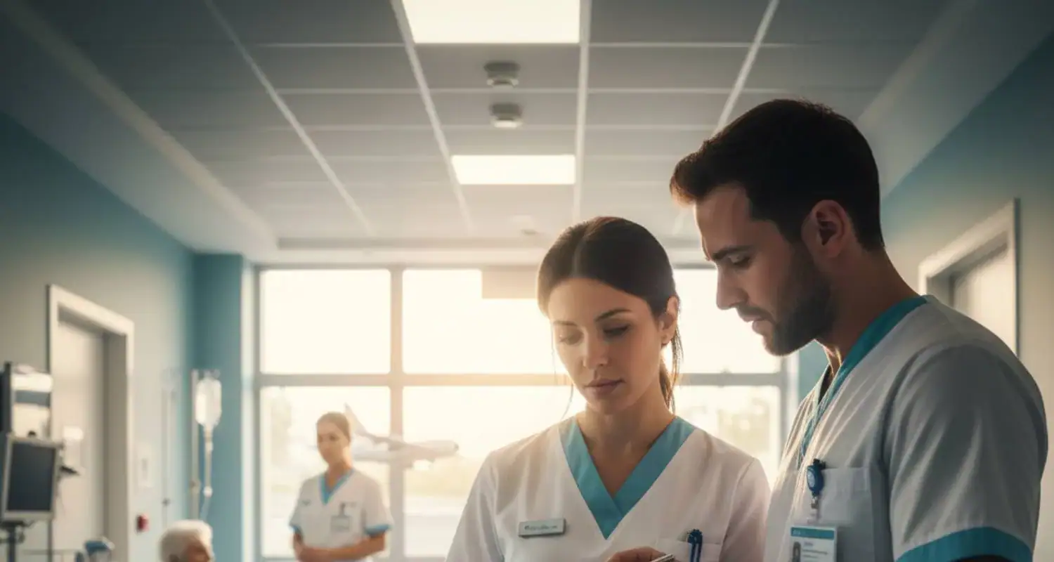 Alt text: Due medici in divisa sanitaria in confronto, con una infermiera in background, ambiente ospedaliero luminoso.