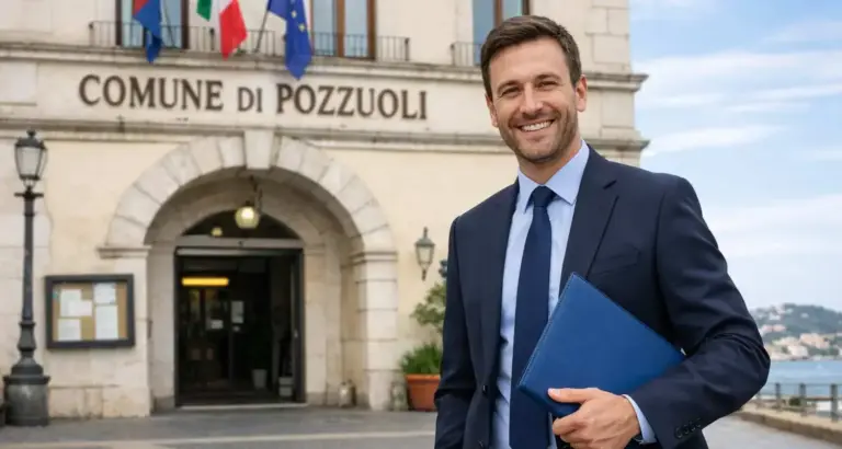 Uomo in abito davanti al municipio di Pozzuoli, cerca lavoro o partecipa a concorsi pubblici.