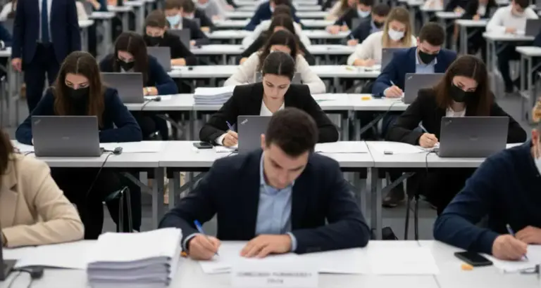 Alt text: Studenti con mascherina che svolgono un test d'esame in una sala grande e moderna.