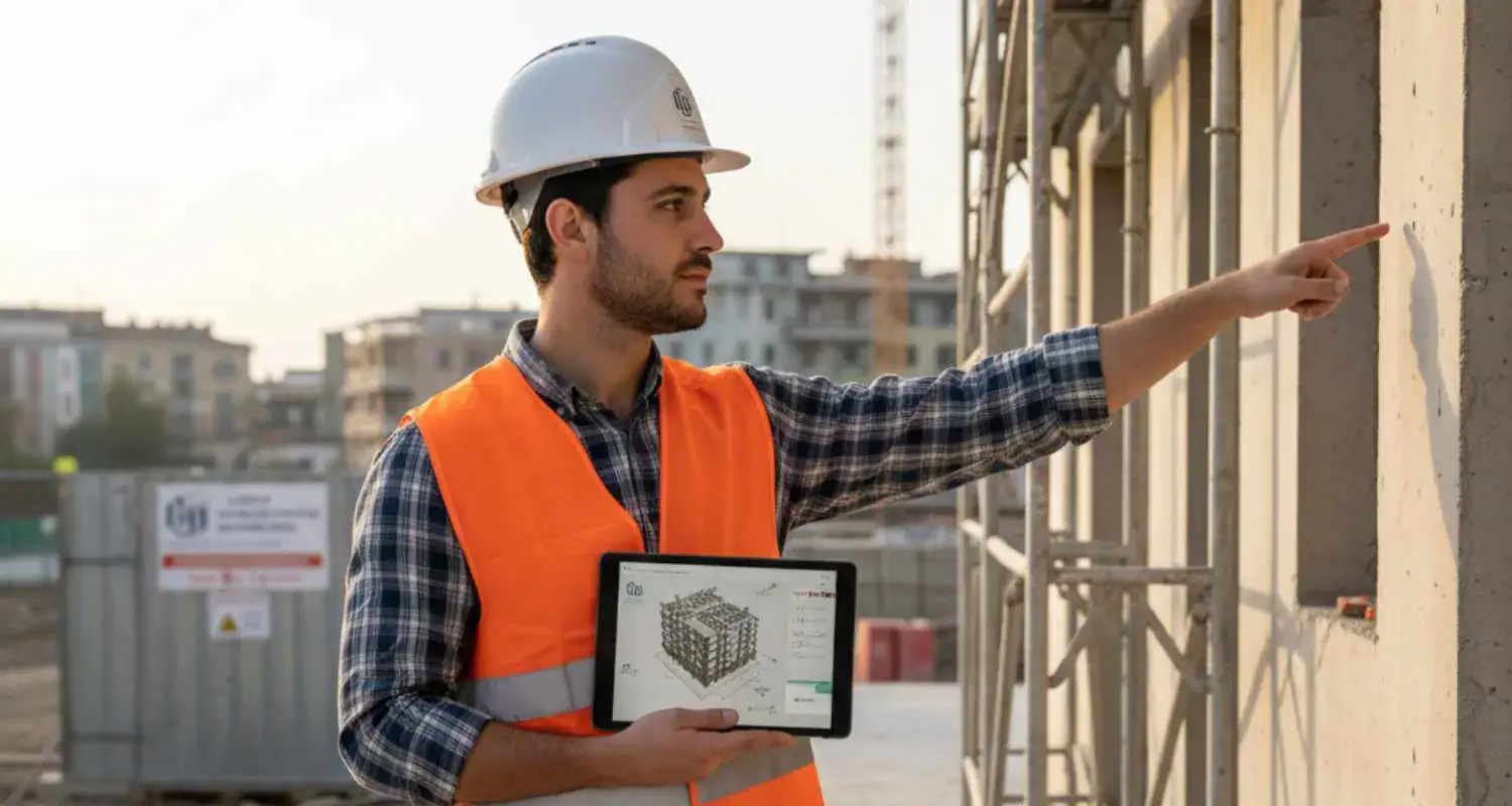 Tecnico edile con tablet in cantiere edilizio, risorse per opportunità di lavoro e concorsi pubblici.