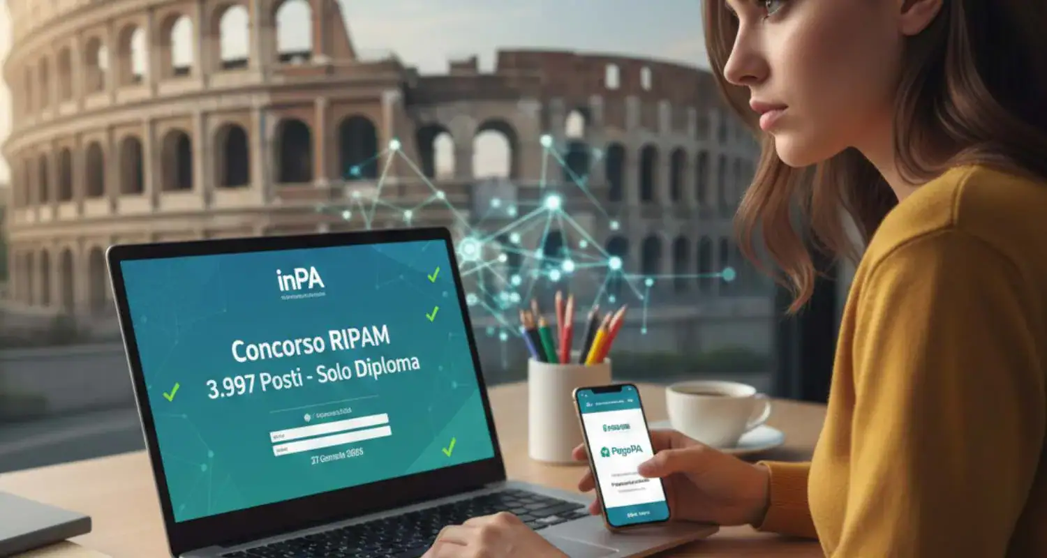 ALT: Donna che consulta annunci di concorsi e lavori pubblici su laptop e smartphone, sede Roma.