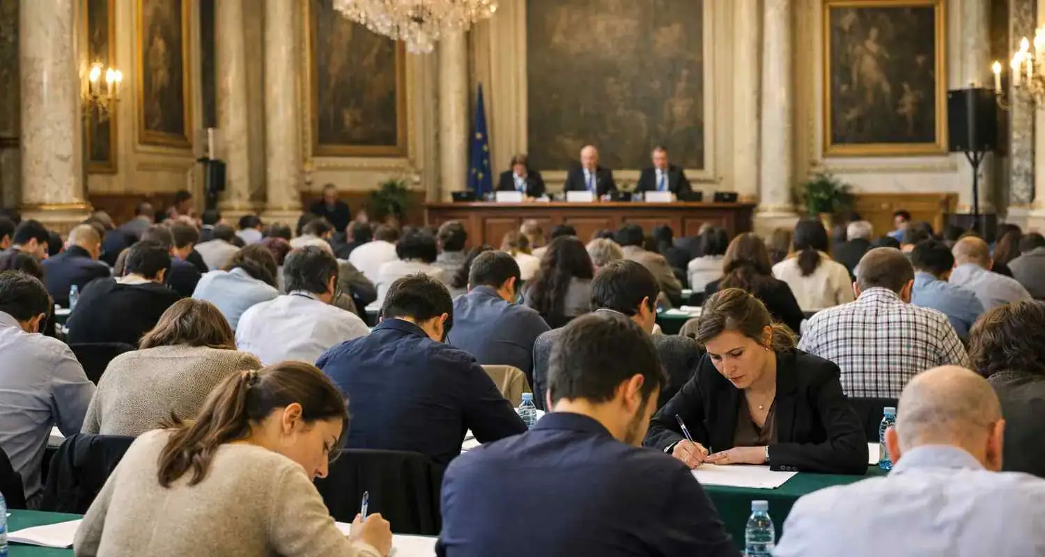 Immagine di una conferenza o esame pubblico con partecipanti al lavoro in sala elegante e formale.