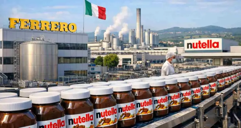 Stabilimento Ferrero in Italia con linea di produzione Nutella e impianti industriali sullo sfondo