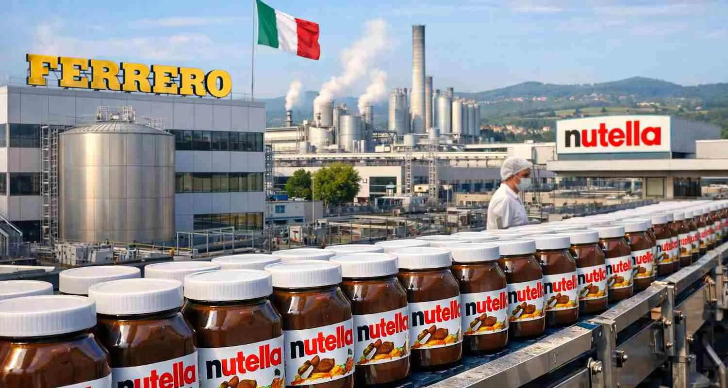 Stabilimento Ferrero in Italia con linea di produzione Nutella e impianti industriali sullo sfondo