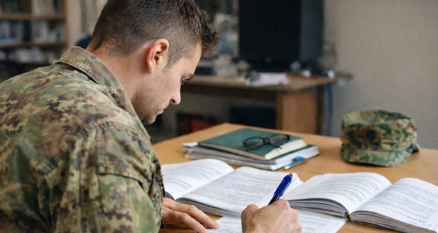 Militare italiano alla scrivania mentre studia per un concorso nelle Forze Armate