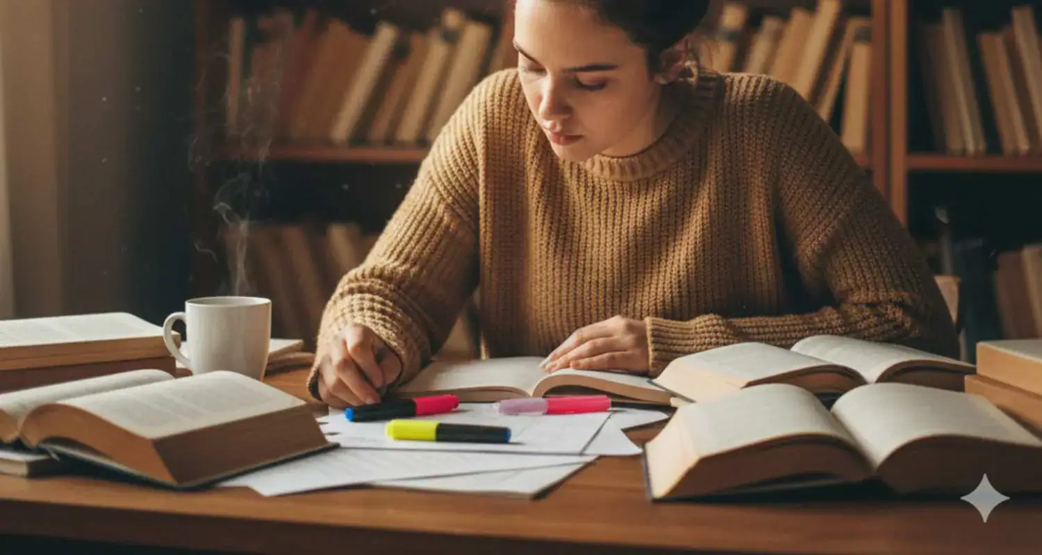 Alt: Donna studia libri e appunti in biblioteca per concorsi pubblici e lavoro.
