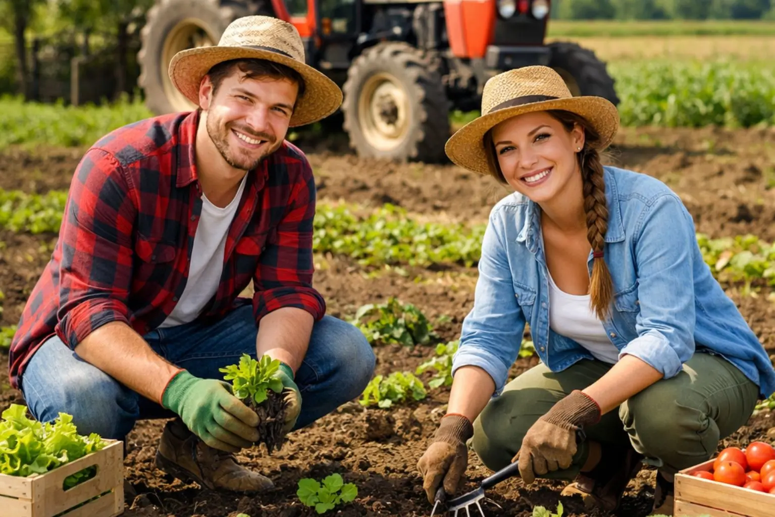 Ragazzo e ragazza coltivano un terreno agricolo con trattore sullo sfondo, simbolo dei bonus agricoltura 2026