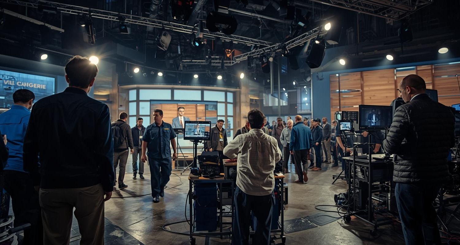 Personale tecnico al lavoro nel backstage di uno studio televisivo della RAI.