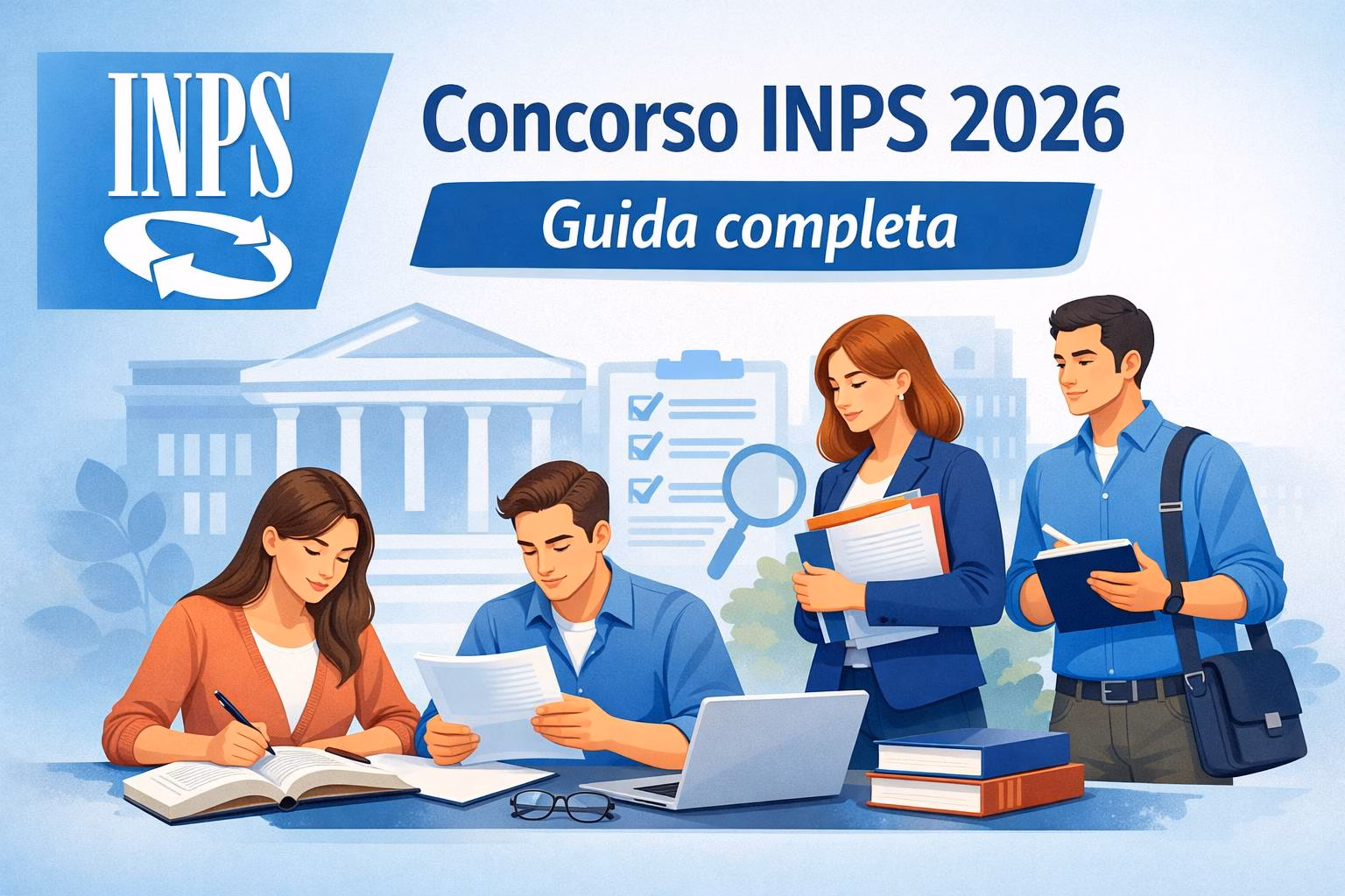 Concorso INPS 2026 guida completa, studenti che studiano, documenti e simbolo INPS