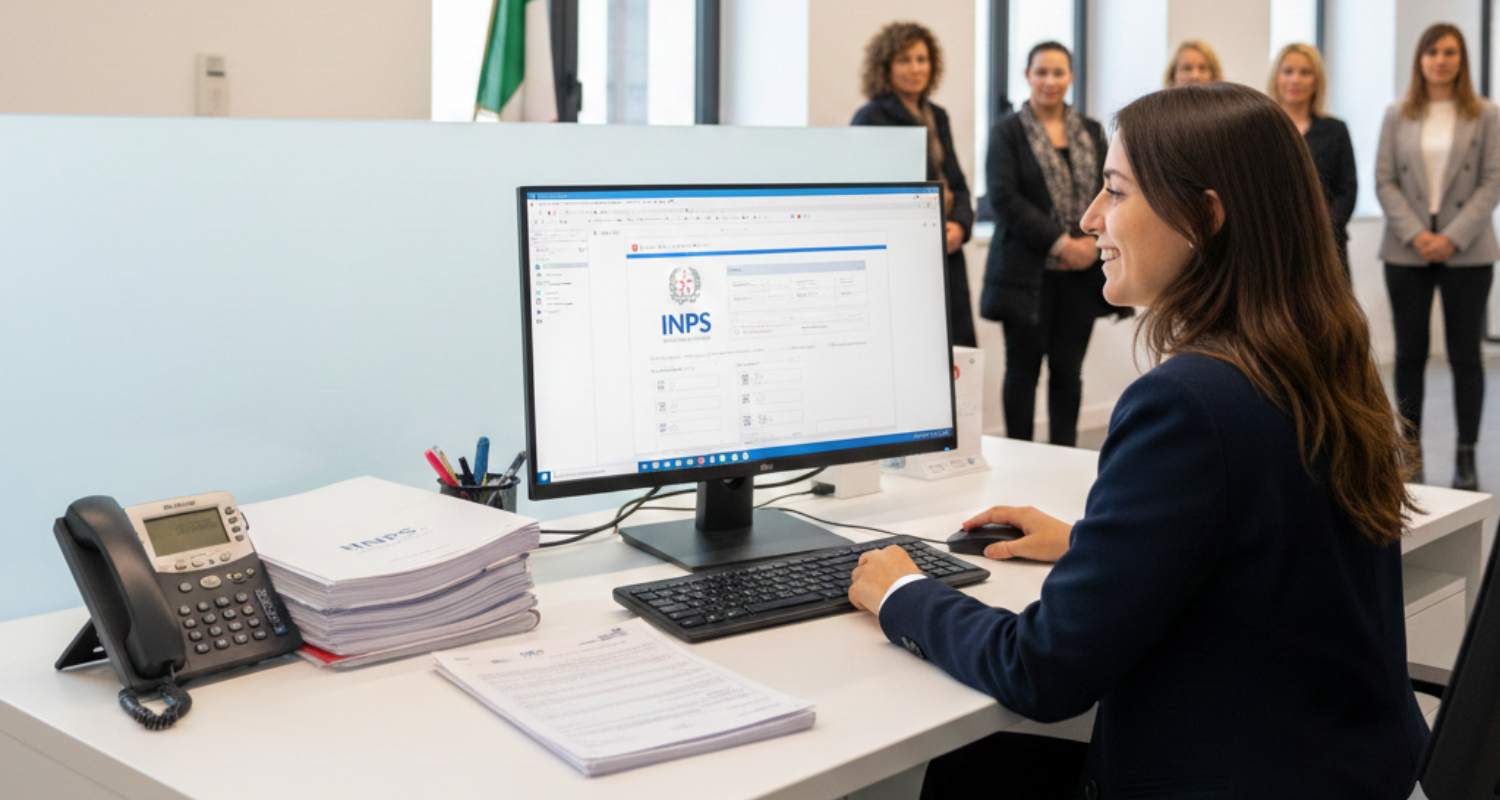Ufficio pubblico italiano moderno con personale amministrativo al computer.