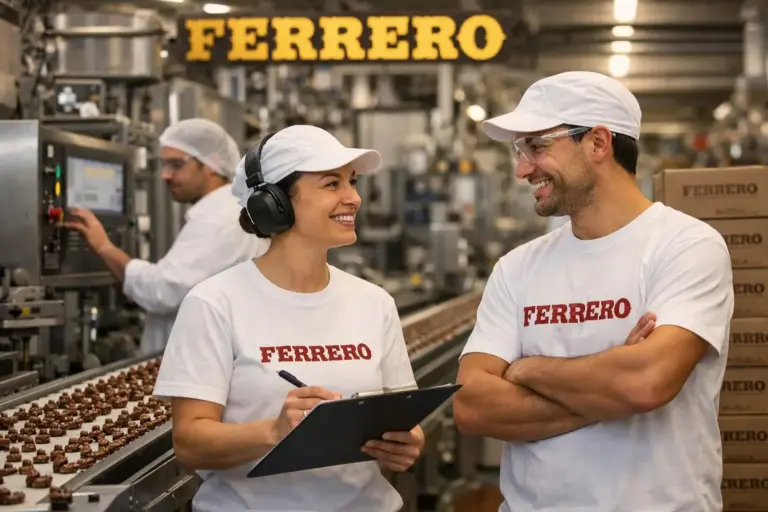 Foto interno stabilimento Ferrero con operai e macchinari moderni