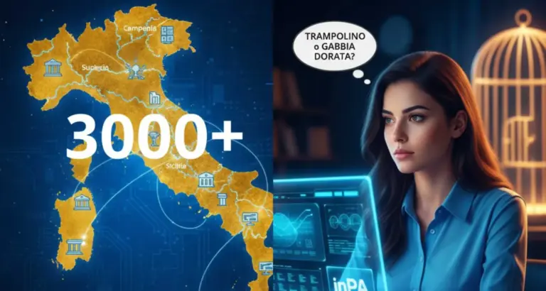 Infografica concettuale sul lato oscuro del posto fisso e obsolescenza professionale nella PA.
