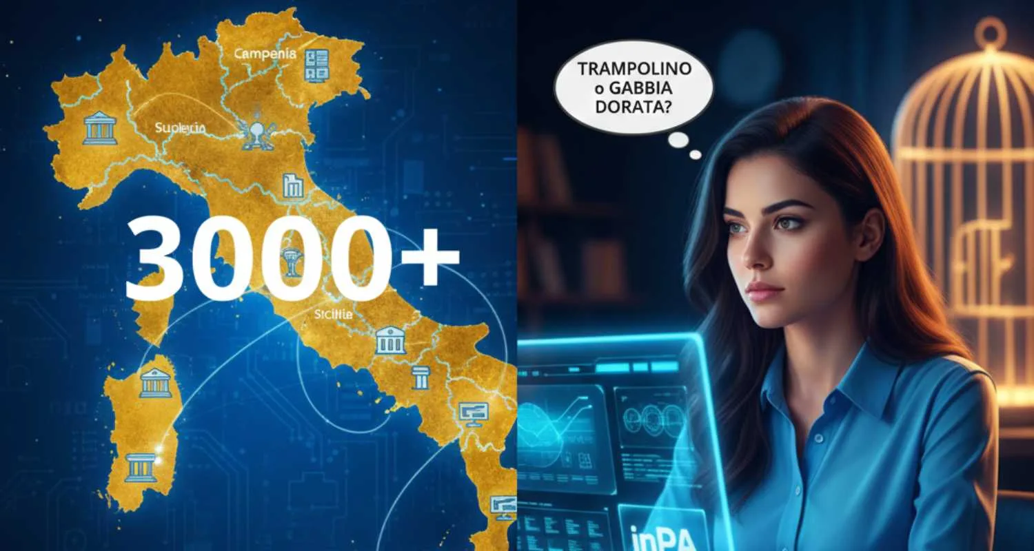 Infografica concettuale sul lato oscuro del posto fisso e obsolescenza professionale nella PA.