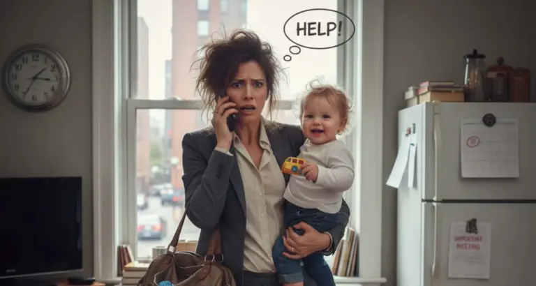 Una madre in abito da ufficio appare visibilmente stressata e spettinata in un soggiorno disordinato. Tiene in braccio un bambino piccolo, una borsa a tracolla e parla freneticamente al telefono, circondata da giocattoli e valigie aperte.