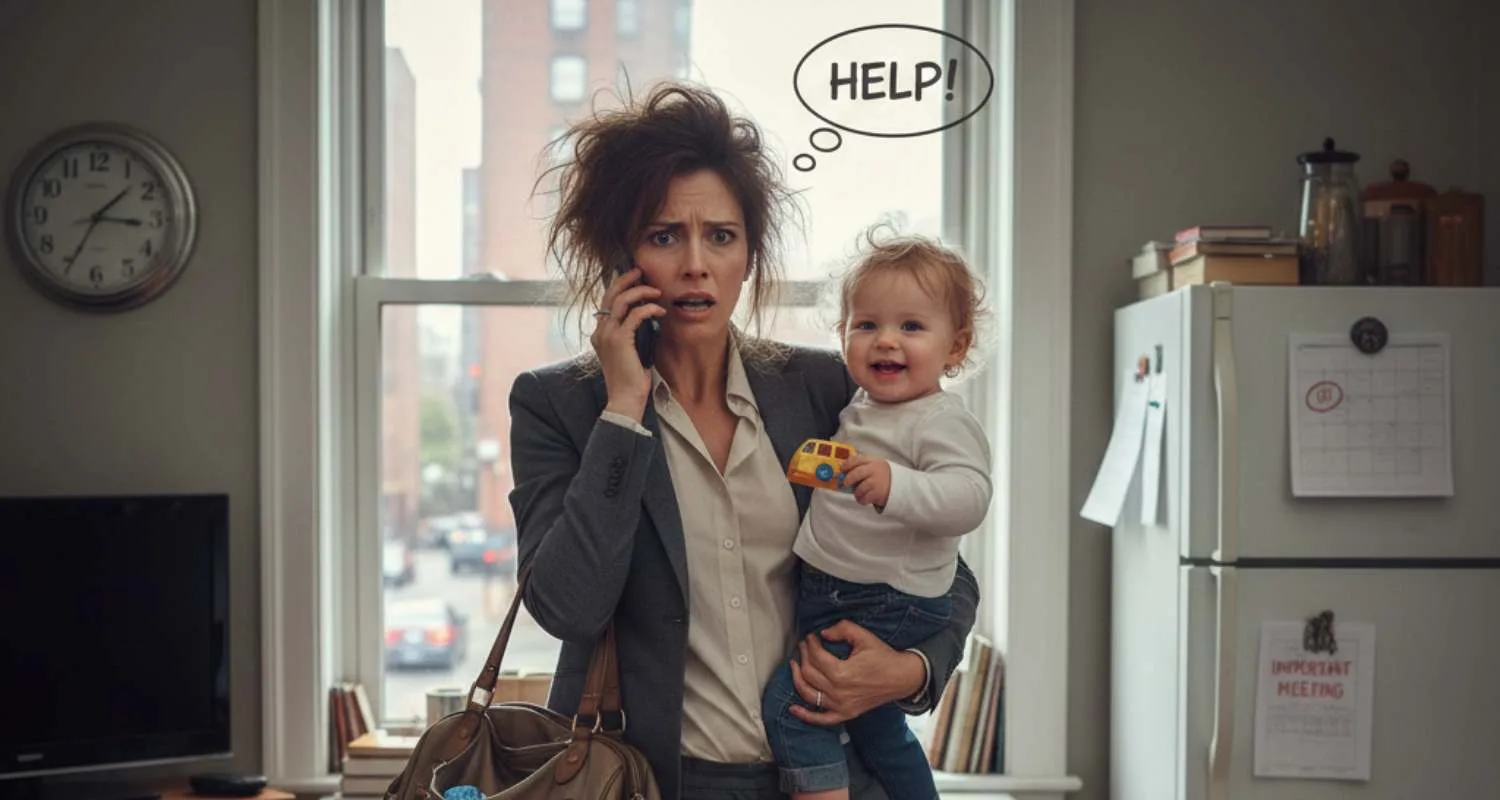 Una madre in abito da ufficio appare visibilmente stressata e spettinata in un soggiorno disordinato. Tiene in braccio un bambino piccolo, una borsa a tracolla e parla freneticamente al telefono, circondata da giocattoli e valigie aperte.