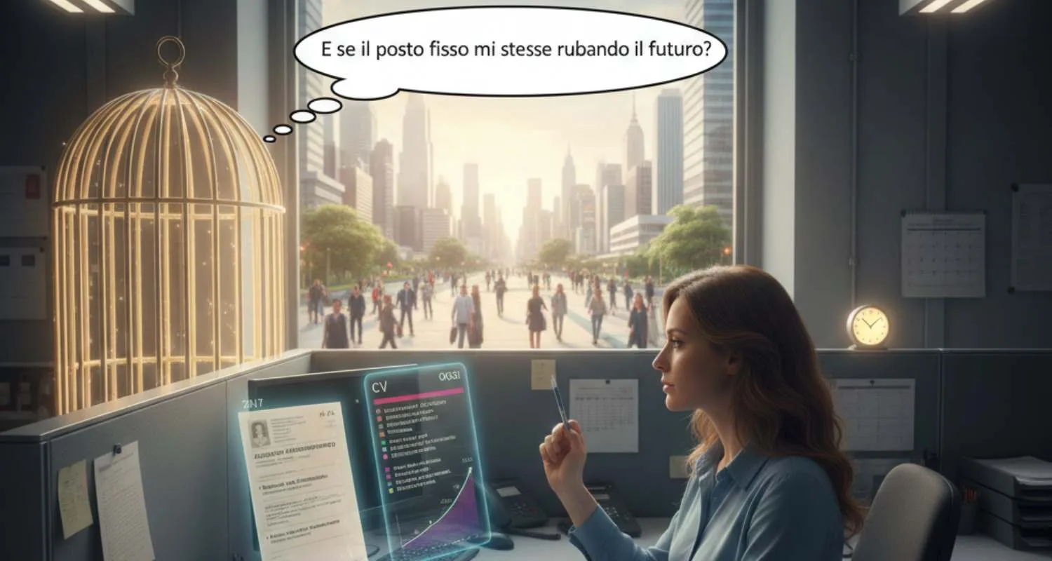 Professionista guarda fuori dalla finestra dell'ufficio riflettendo sulla propria crescita professionale bloccata