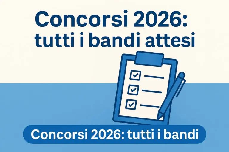Illustrazione con scrivania, documenti, laptop e penna per concorsi pubblici 2026 in Italia