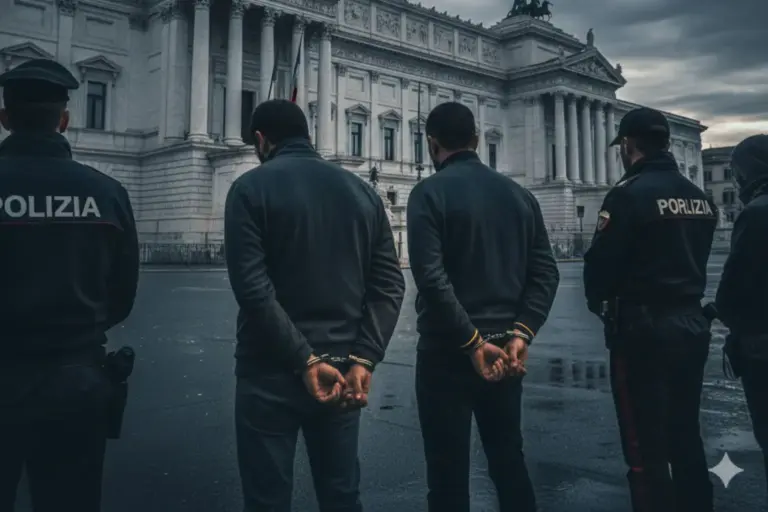 Persone arrestate durante indagini su concorsi truccati in Italia 2026, con agenti delle forze dell'ordine e mani in manette, simbolo di scandalo e legalità