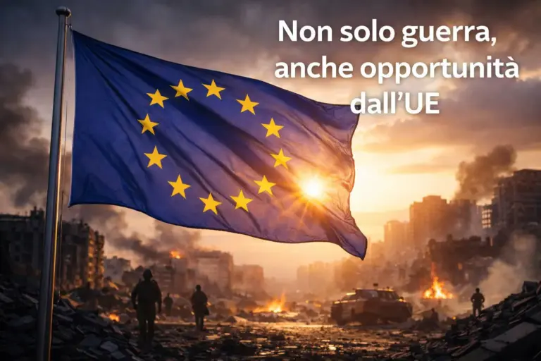 Concorso Amministratori Unione Europea 2026: Bandiera dell'Unione Europea illuminata dal sole con città in conflitto sullo sfondo, simbolo di opportunità e speranza dall'UE