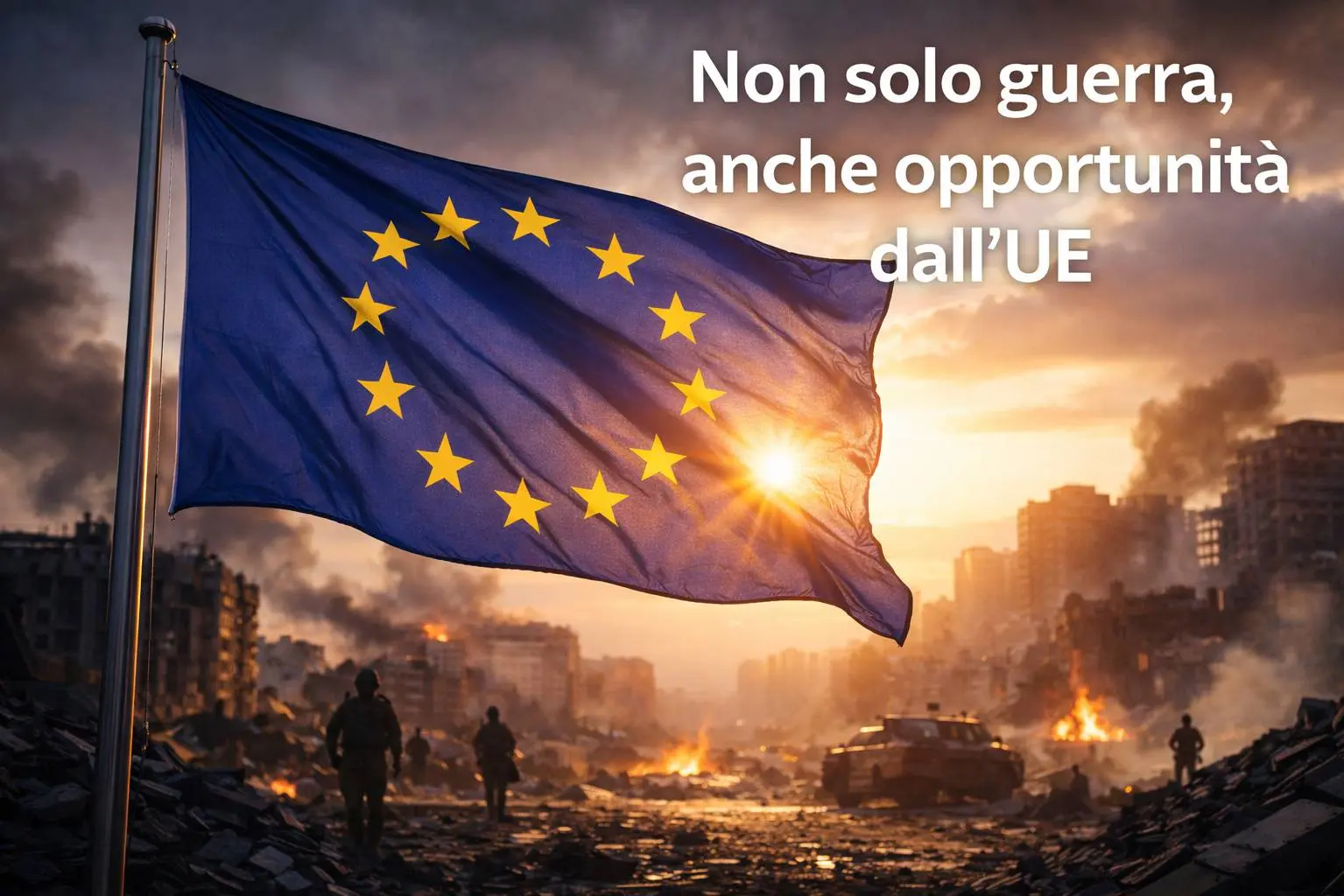 Concorso Amministratori Unione Europea 2026: Bandiera dell'Unione Europea illuminata dal sole con città in conflitto sullo sfondo, simbolo di opportunità e speranza dall'UE