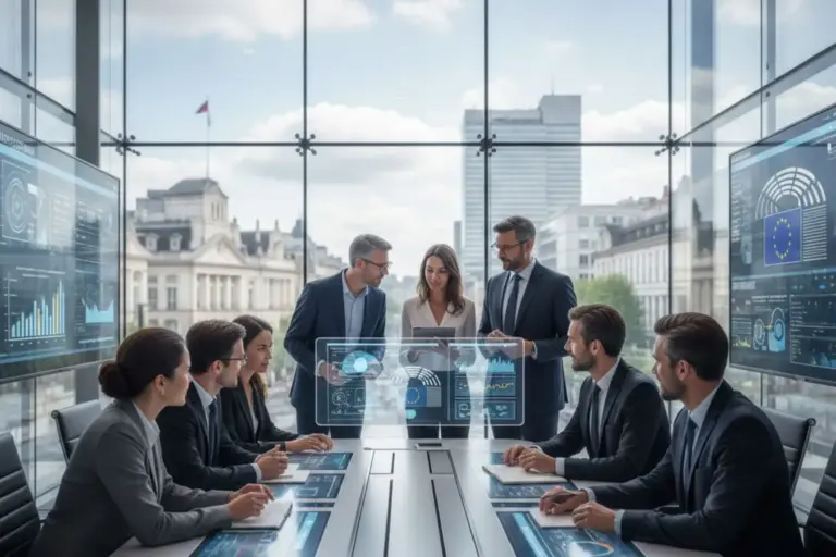 Rappresentazione ufficio istituzionale Unione Europea con funzionari al lavoro