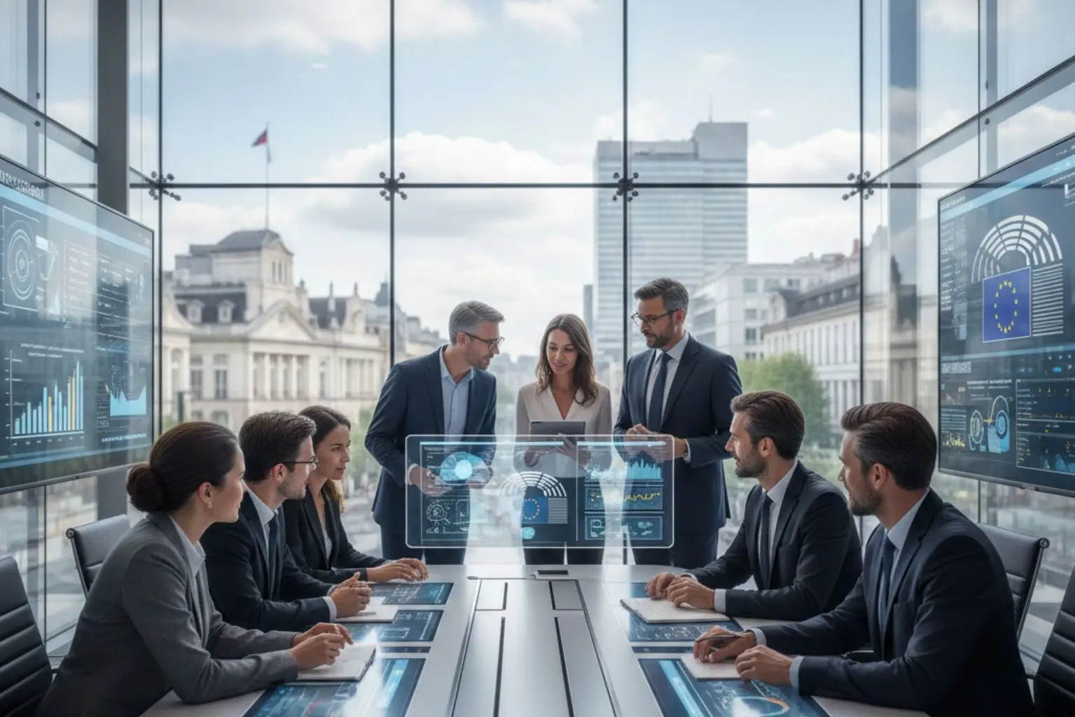 Rappresentazione ufficio istituzionale Unione Europea con funzionari al lavoro