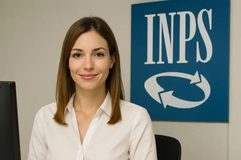 Donna allo sportello INPS in ambiente istituzionale, con logo INPS sullo sfondo