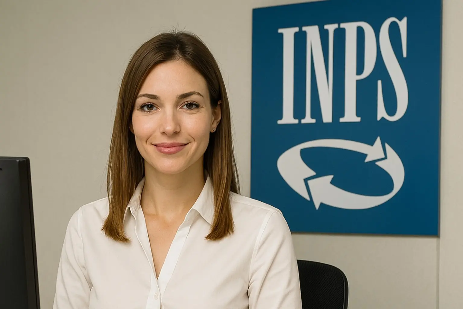 Donna allo sportello INPS in ambiente istituzionale, con logo INPS sullo sfondo