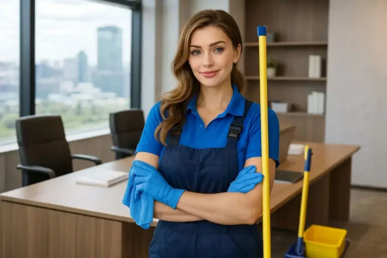 Donna delle pulizie in uniforme blu con mop e panno, in ufficio moderno con vista città