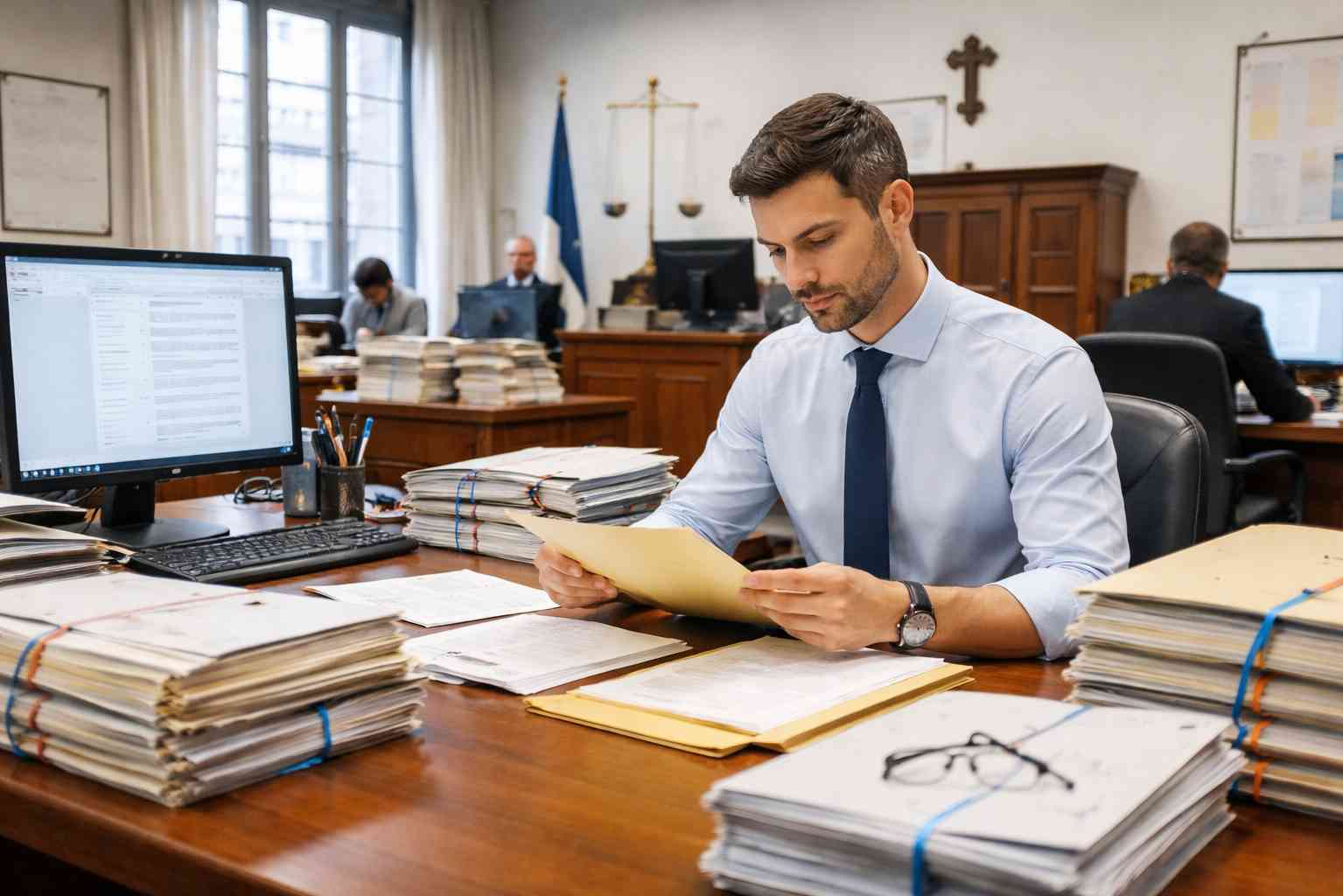 Funzionario giudiziario al lavoro in ufficio di tribunale con fascicoli processuali e computer, immagine rappresentativa dei requisiti e del concorso pubblico