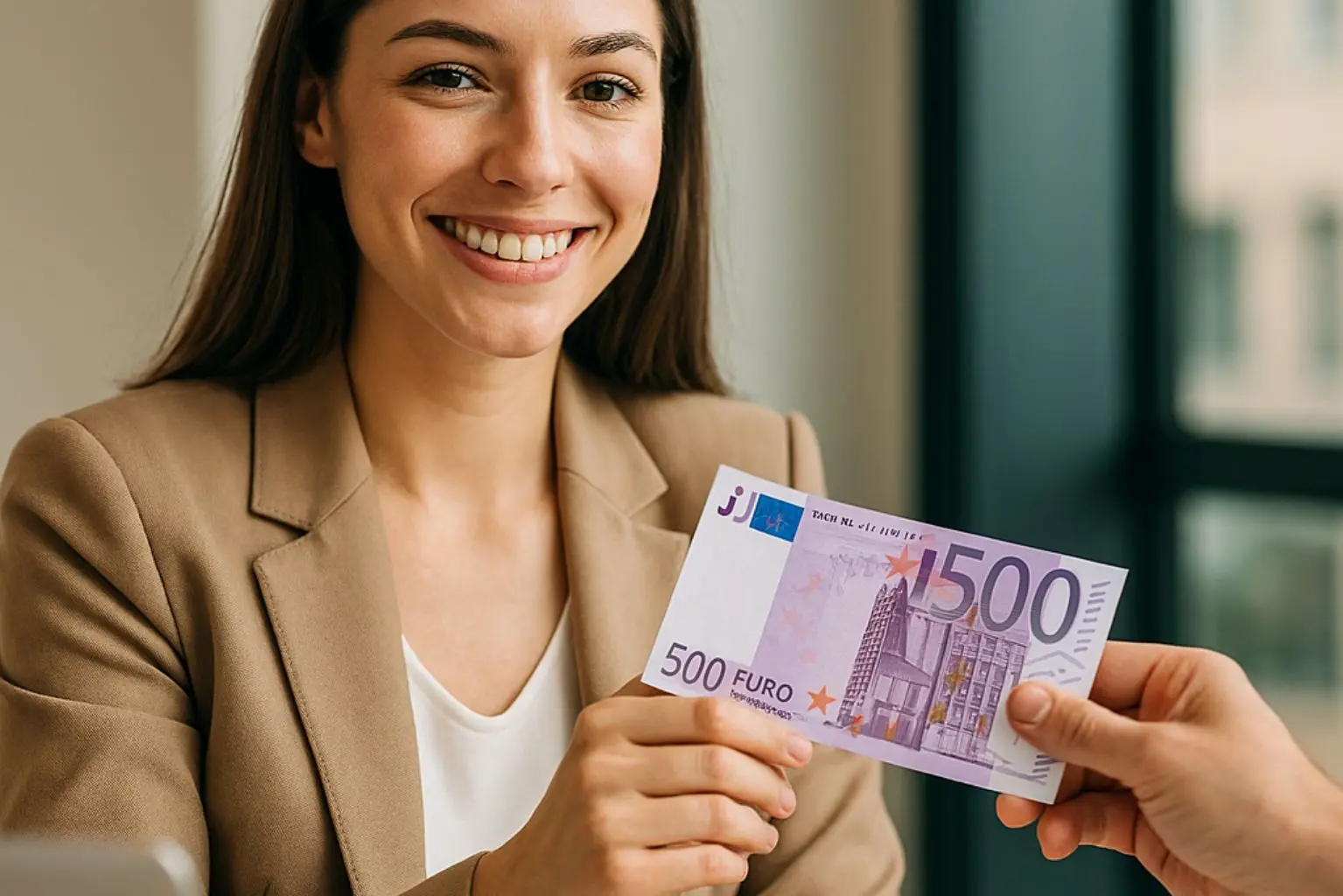Giovane imprenditrice sorride mentre riceve simbolicamente 500 euro in ufficio.