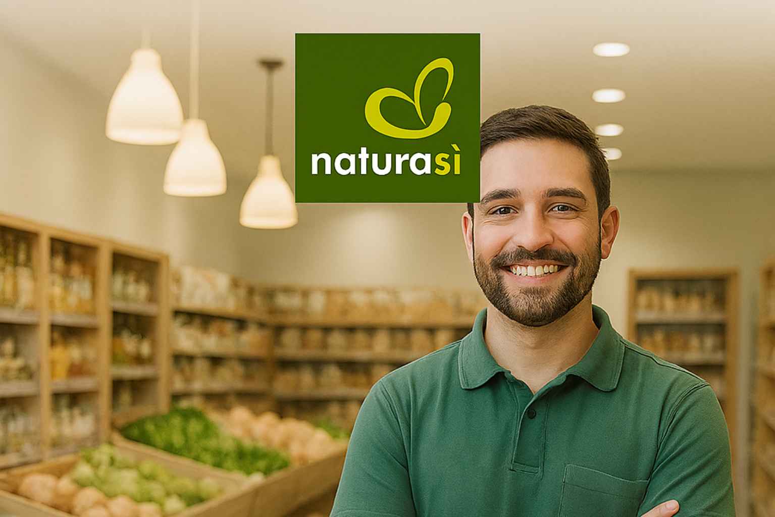 Dipendente NaturaSì sorridente all’interno di un supermercato bio moderno, con scaffali ordinati e prodotti biologici. Testo sovrapposto: “NaturaSì assume in tutta Italia: 100 posti disponibili”