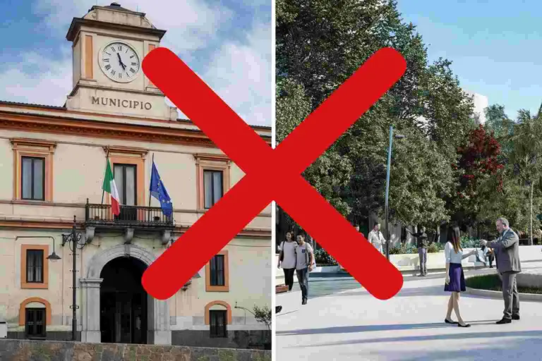 Comune di Marigliano e villa comunale con X rossa simbolo di protesta sui concorsi pubblici