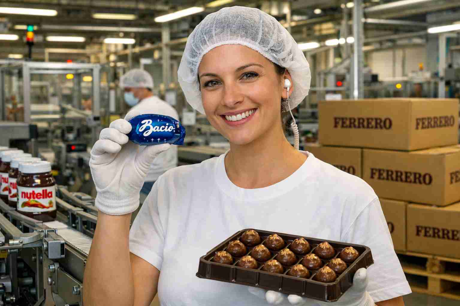 Operaia in stabilimento Ferrero mostra un Bacio Perugina durante la produzione