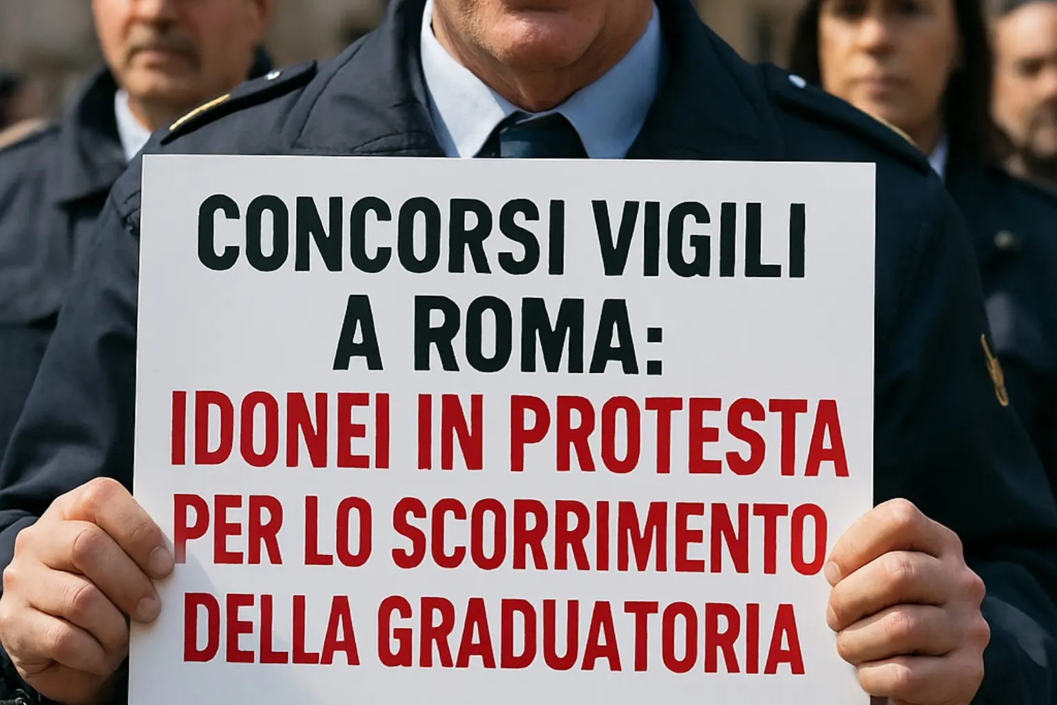 Idoneo del concorso vigili urbani a Roma mostra cartello di protesta per lo scorrimento della graduatoria 2026
