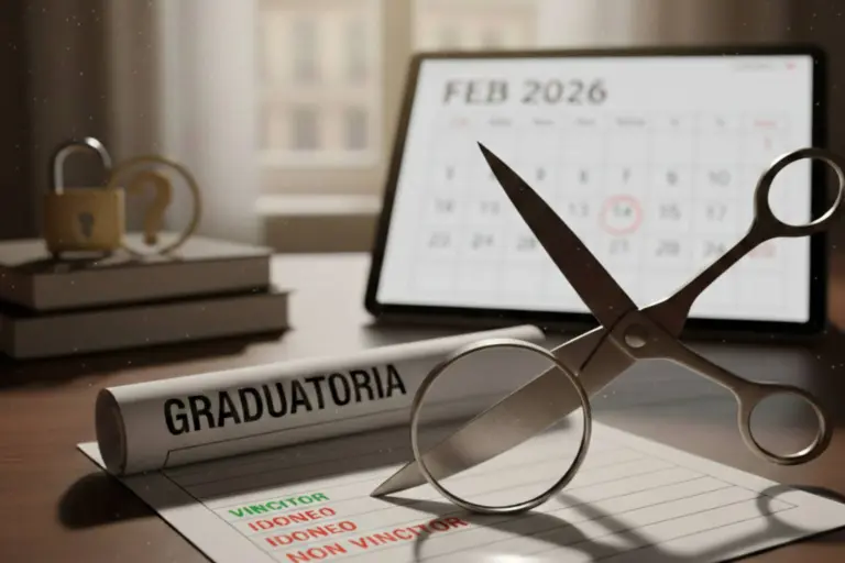 Infografica concorsi pubblici 2026: forbici che tagliano una graduatoria di idonei non vincitori.