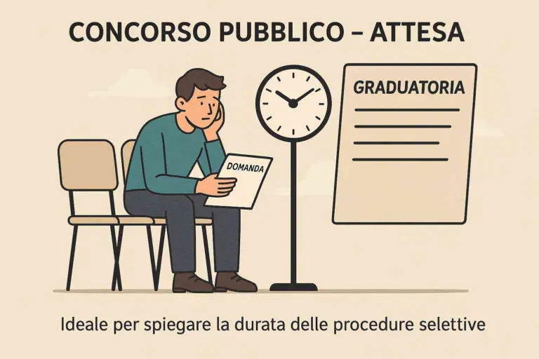 Illustrazione sulle tempistiche dei concorsi pubblici italiani, con candidato in attesa, orologio e graduatoria finale