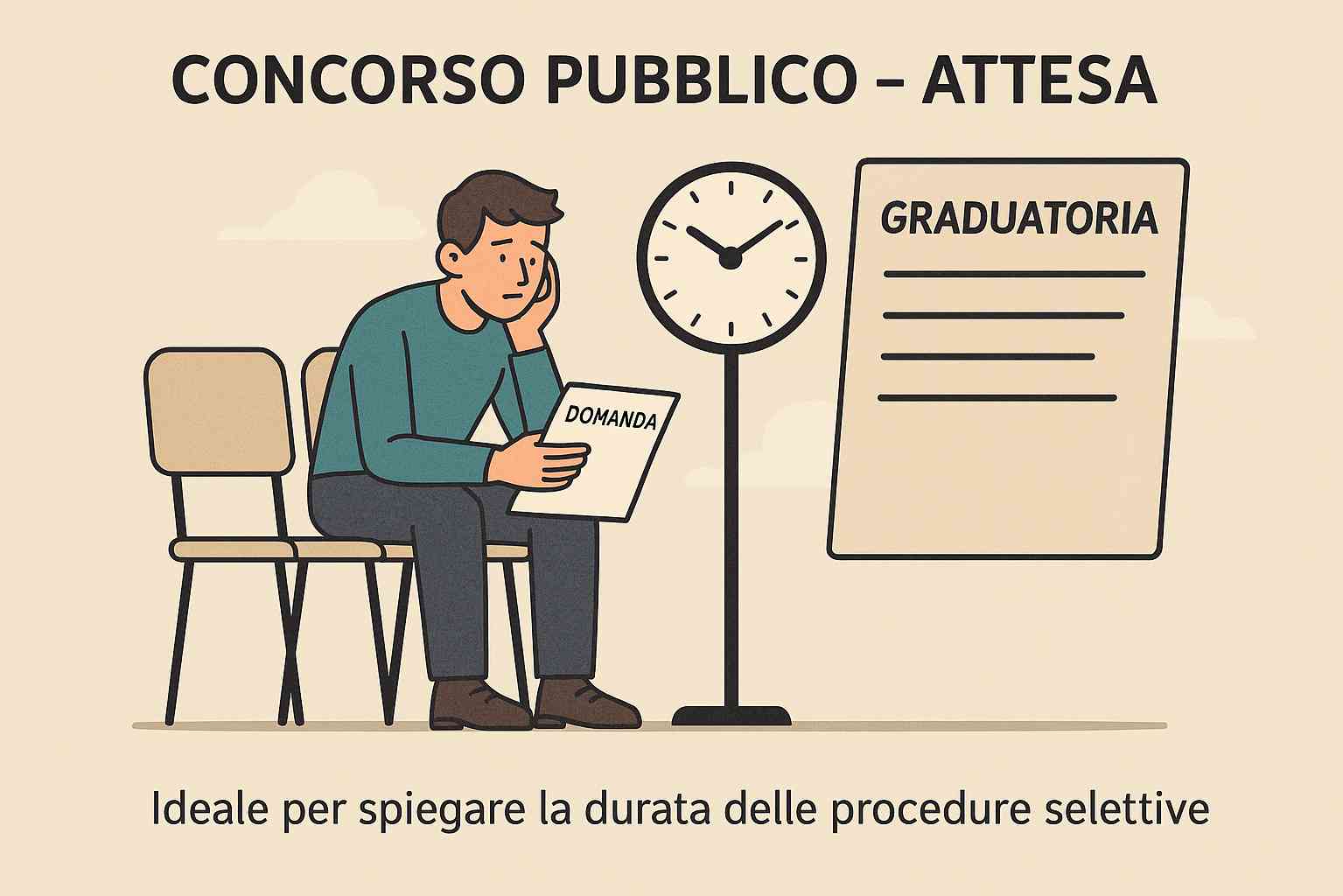 Illustrazione sulle tempistiche dei concorsi pubblici italiani, con candidato in attesa, orologio e graduatoria finale