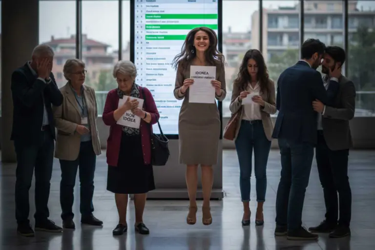 Candidata felice per aver superato un concorso pubblico circondata da candidati delusi