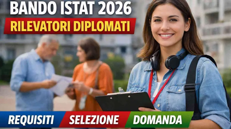 Giovane donna sorridente con clipboard rappresenta il bando ISTAT 2026 per rilevatori diplomati, con informazioni su requisiti, selezione e domanda.