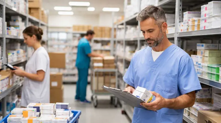 Operatori sanitari lavorano in un magazzino ospedaliero tra farmaci e forniture mediche